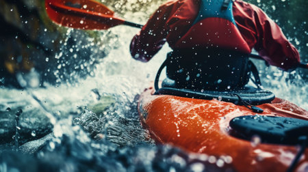 Man in kayak with paddle. Back view. Splashes of water of mountain river. Extreme kayak sport concept. Generative AI.の素材