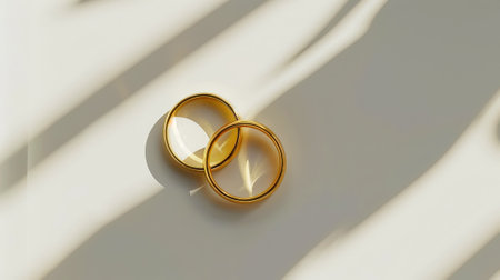 Wedding gold rings on light background with shadows. Aesthetic invitation concept. Generative AI.の素材