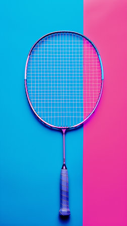 Top view of badminton racket against hot pink and blue backdrop. Sport concept. Generative AI.の素材