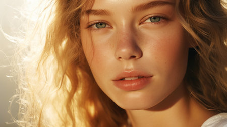 Close-up of the face of a beautiful young blonde woman. Light color palette. Natural beauty concept. Generative AI.の素材