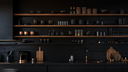 Wooden black scandinavian kitchen storage organization. Perfect open shelves in dark modern kitchen. Generative AI.の素材
