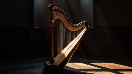 Close-up of a modern large harp in an aesthetic dark minimalist interior full of sunlight. Music orchestra concept. Generative AI.の素材