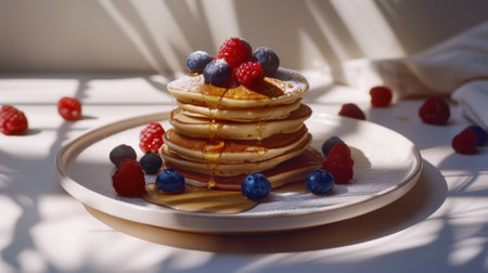 Stack of delicious pancakes with raspberries and blueberries, syrup flowing high above. Aesthetic kitchen. Generative AI.の素材