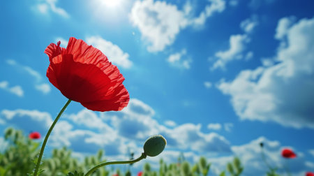 Close up of red poppy flower against blue sky background. Spring landscape concept. Generative AI.の素材