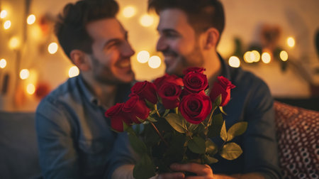 Happy caucasian gay couple hugging with bouquet flowers. Engagement celebration. Pride concept. Generative AI.の素材