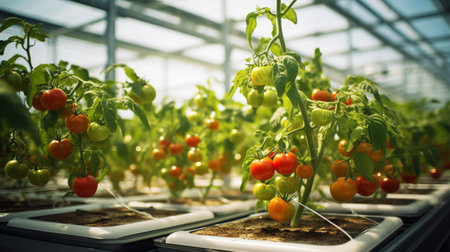 Ripe red tomatoes cluster in greenhouse. Vegetable on organic farm concept. Generative AI.の素材