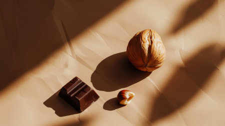 Peeled walnuts and delicious piece of dark chocolate on aesthetic dark brown background. Chocolate ad. Generative AI.の素材