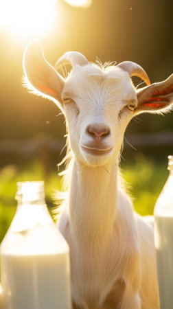 Well-groomed goat on green meadow on a sunny day. Organic dairy products concept. Agricultural landscape. Generative AI.の素材