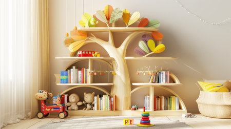 Children's interior with tree-shaped bookshelves. Storage concept. Pastel beige colors. Generative AI.の素材