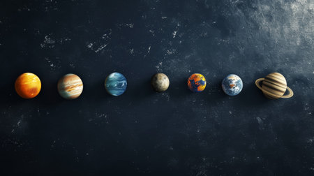 Aesthetic flat lay realistic planet models. Black background. Space and galactic education concept. Generative AI.の素材