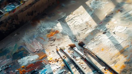 Aesthetic chaos. Easel, rough strokes of paint, opened paint tubes, brushes, white pastel color palette. Generative AI.の素材