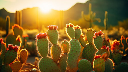 Close-up of different cacti against a desert background. Sweltering heat. Desert landscape. Generative AI.の素材
