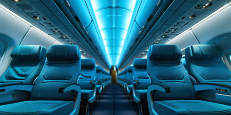 Interior empty cabin of a passenger civil aircraft, illuminated at night. Generative AI.の素材