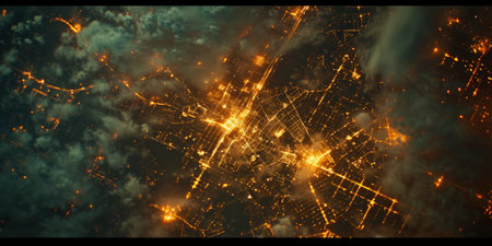 Big city lights view from space. Planet earth globe with night realistic world map. Communication concept. Generative AI.の素材