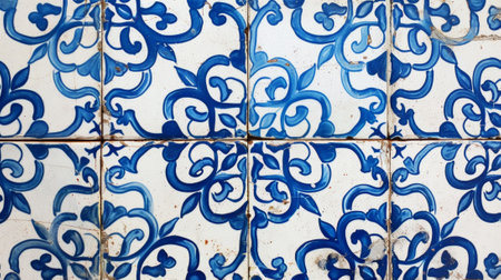 Vintage traditional tile background. Blue azulejos floral pattern. Generative AI.の素材