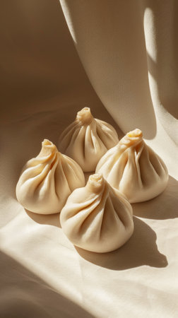 A group of khinkali on a light background with sunny shadows. Traditional food concept. Copy space. Generative AI.の素材
