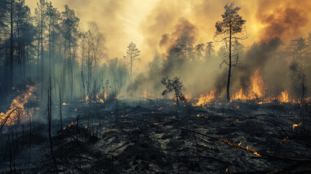 Wild forest fire. Burned trees after forest fires, lots of smoke. Natural disasters concept. Generative AI.の素材