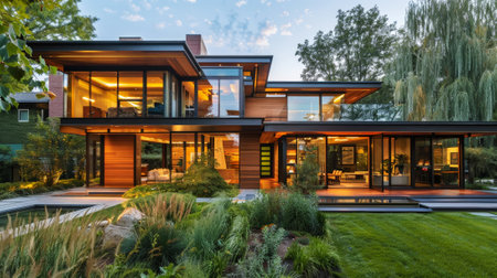 Exterior of dark luxury villa surrounded with trees. Terrace in modern design. Quiet place for live. Generative AI.の素材