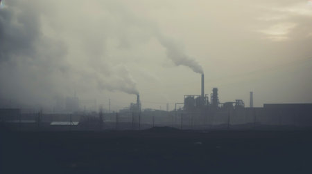 Industry plant landscape with smoke smog emissions. Bad ecology cocnept. Generative AI.の素材