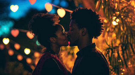 American African couple kissing against the background of bokeh of hearts. Romantic night. Love engagement concept. Generative AI.の素材
