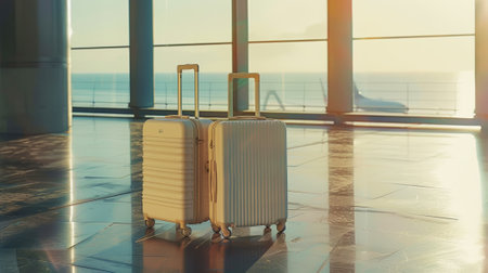 Two trendy suitcases in an empty departure airport hall. Travel concept. Light colors. Generative AI.の素材