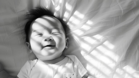 Aesthetic portrait of Asian newborn baby smiling while sleeping. Light colors, sunlight and shadows. Generative AI.の素材