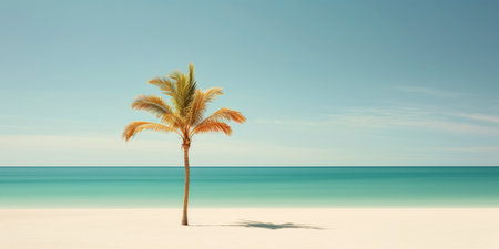 Palm on a sunny tropical sea shore under turquoise sky. Vacation concept. Generative AI.の素材