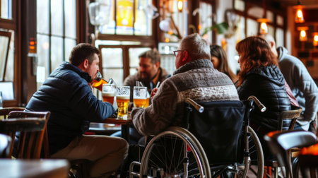 Friends are in restaurant, one of them is disabled and uses a wheelchair. Inclusiveness concept. Generative AI.の素材