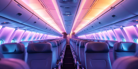 Interior empty cabin of a passenger civil aircraft, illuminated at night. Generative AI.の素材