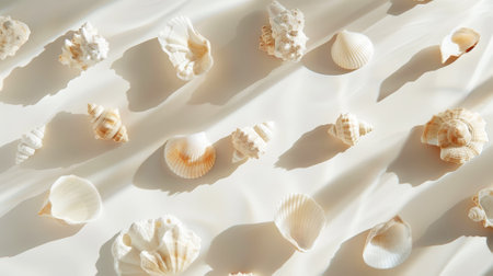 Aesthetic top view of white seashells on light background. Sun rays and shadows, minimalist sea concept. Generative AI.の素材