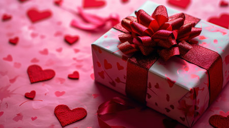Elegant gift box with red ribbon. Girly pink background with hearts. Romantic gifts concept. Generative AI.の素材