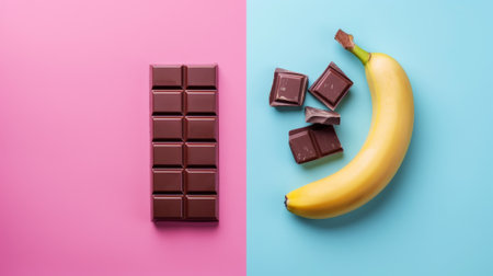 Top view of chocolate bar and banana on pink and light blue split background. Healthy snacks concept. Generative AI.の素材