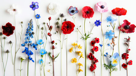 Top view of fresh red poppies, blue and yellow wildflowers. Light background. Boho style. Generative AI.の素材