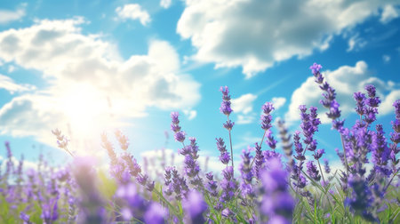 Close-up of lavender flowers against a blue sky. Aromatherapy and organic cosmetics concept. Generative AI.の素材
