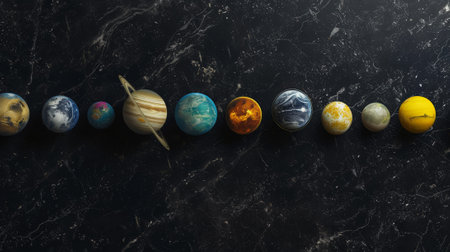 Aesthetic flat lay realistic planet models. Black background. Space and galactic education concept. Generative AI.の素材