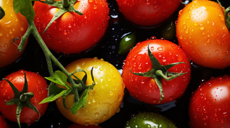 Different varieties of fresh juicy organic tomatoes. Vegetable background. Healthy eating concept. Generative AI.の素材