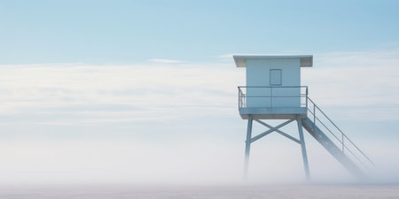 Lifeguard Tower in a white mist on a beach of seaside. Lonely landscape with watchtower. Generative AI.の素材