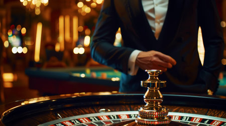 Close-up of a gaming table with casino roulette against the backdrop of a luxury casino. Betting concept. Generative AI.の素材
