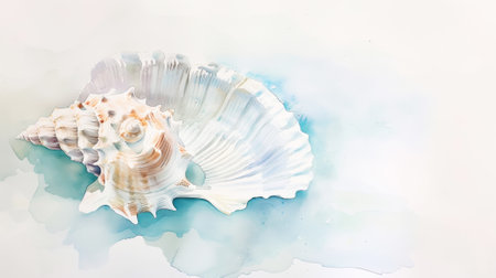 Aquarell hand drawn ocean shell on white background. Watercolor sea concept. Template for greeting card. Generative AI.の素材