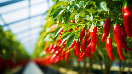 ripe red hot pepper growing on a bush in a greenhouse. Organic agriculture concept. Generative AI.の素材