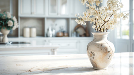 Interior of a modern kitchen with an island. Close-up of a beige fashion vase. Light colors. Generative AI.の素材