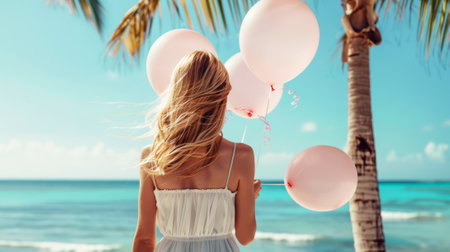 Young blonde woman model with pastel balloons on sea backdrop. Travel blog concept. View from back. Generative AI.の素材