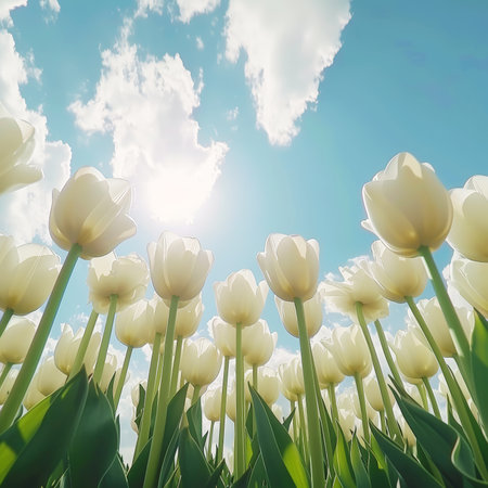 Close-up of white tulips field against blue sky background. Spring landscape concept. Generative AI.の素材