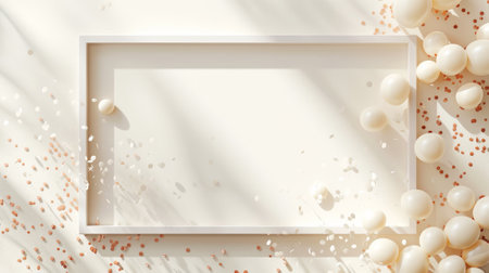 Flat lay of aesthetic frame with balloons and confetti. Beige color palette. Advertising banner concept. Generative AI.の素材
