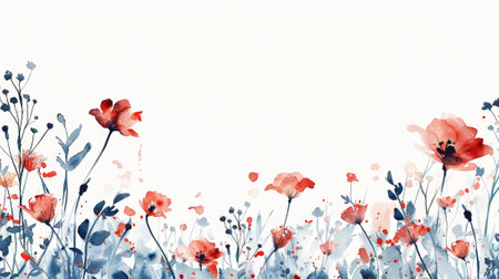 Hand Painted watercolor Boho red, blue Wildflowers on white background.Aesthetic minimalist template. Generative AI.の素材