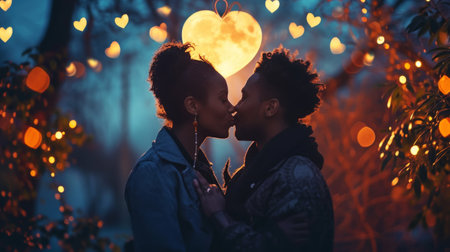 American African couple kissing against the background of bokeh of hearts. Romantic night. Love engagement concept. Generative AI.の素材