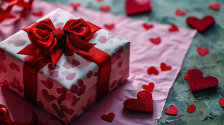 Elegant gift box with red ribbon. Girly pink background with hearts. Romantic gifts concept. Generative AI.の素材
