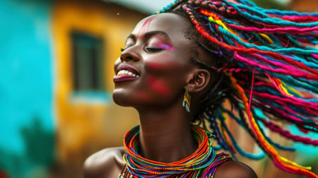 Energetic cool African woman with colorful dreadlocks dancing on the street. Holi Diwali celebration. Generative AI.の素材
