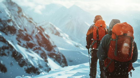 View from back on fully equipped mountaineer in the snowy mountains. Snow storm. Alpinism concept. Generative AI.の素材