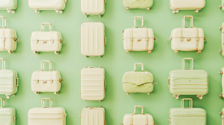 Flat lay of trendy suitcases pattern on green pastel background. Travel concept. AdventureAd. Generative AI.の素材